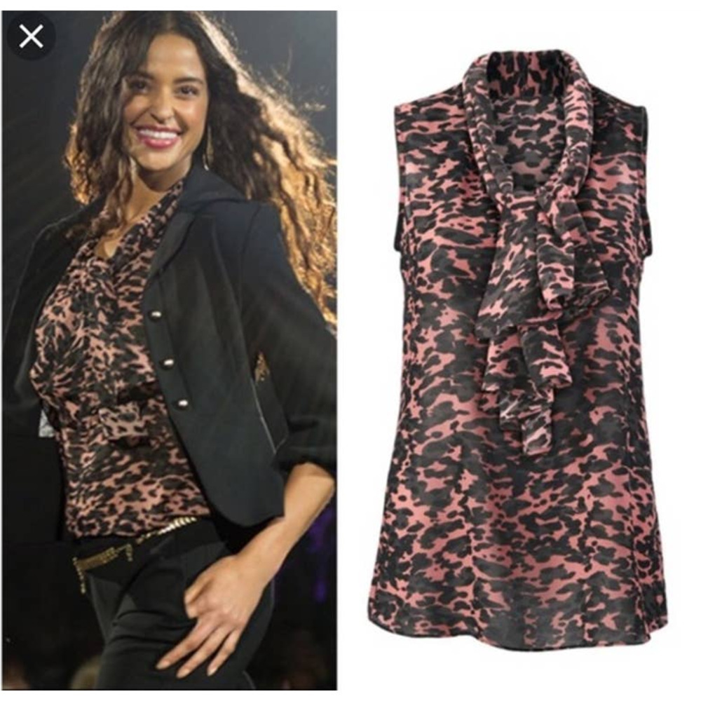 Cabi Chiffon Blouse Size S Tie Scoop Neck Sleeveless Animal Print Top Brown